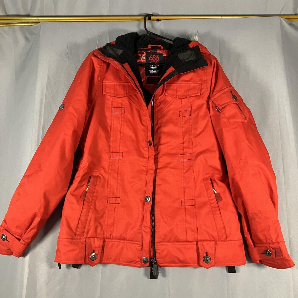 Levi's x 686‎ Jacket Womens Large Red Snowboard Ski Faux Fur Hood Sherpa Lined